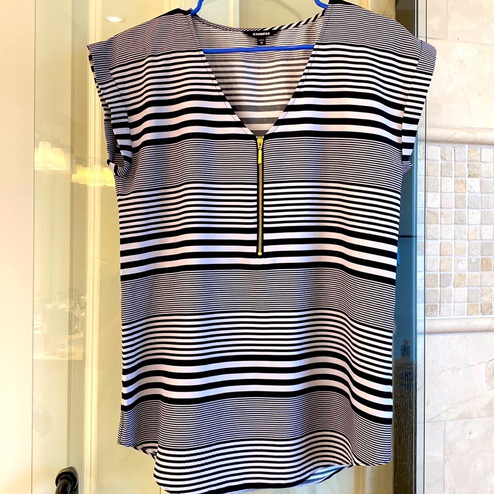 Express Black and White Striped  Blouse with Gold Zipper